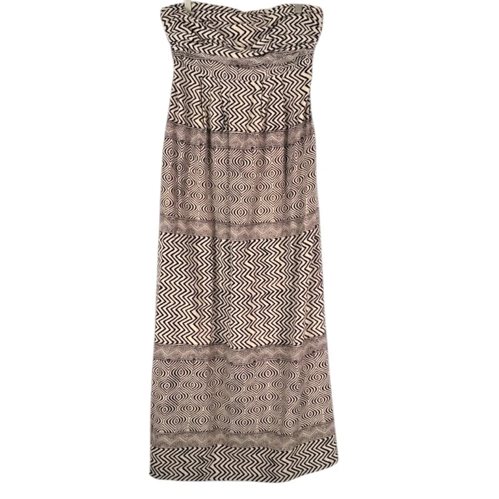 Edmé & Esyllte Anthropologie Strapless Maxi Dress Sz 12 Brown Cream Boho Cotton - Picture 2 of 14
